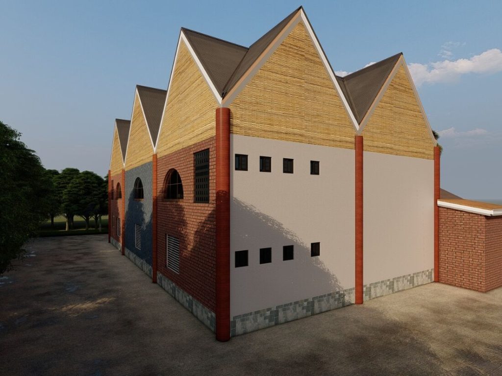 Vue de côté du rendu architectural de la Maison-Musée du Peuple Balengou
